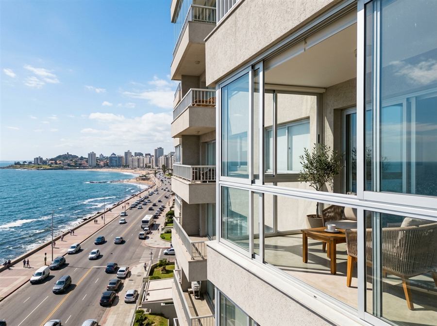 Cerramiento de balcón con aluminio y vidrio frente a la rambla