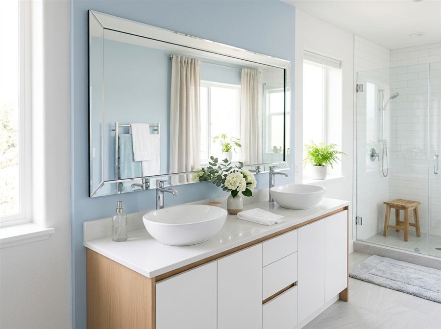 Espejo grande biselado sobre mueble de baño